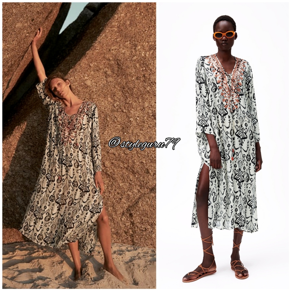 NWT, ZARA, EMBROIDERED TUNIC CAFTAN V NECK DRESS - Picture 1 of 5